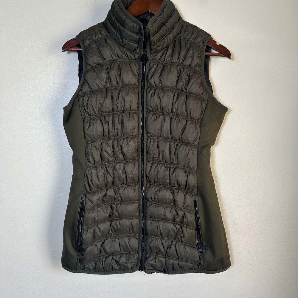 EUC Michael Kors Puffer‎ Vest Quilted Mixed Media Size M Olive Green Zip Pocket